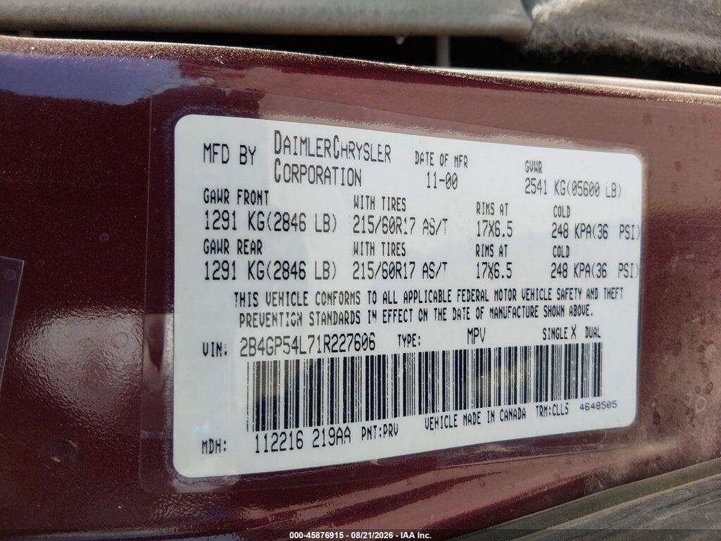 2B4GP54L71R227606 2001 DODGE GRAND CARAVAN photo no. 9