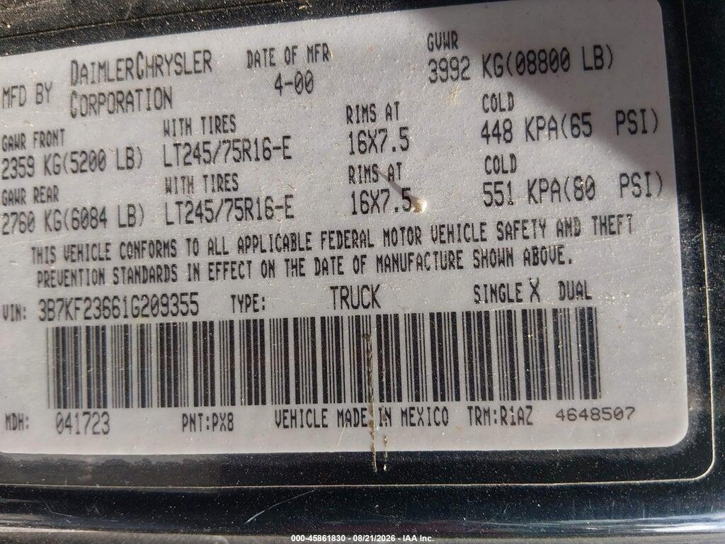 3B7KF23661G209355 2001 DODGE RAM 2500 photo no. 9