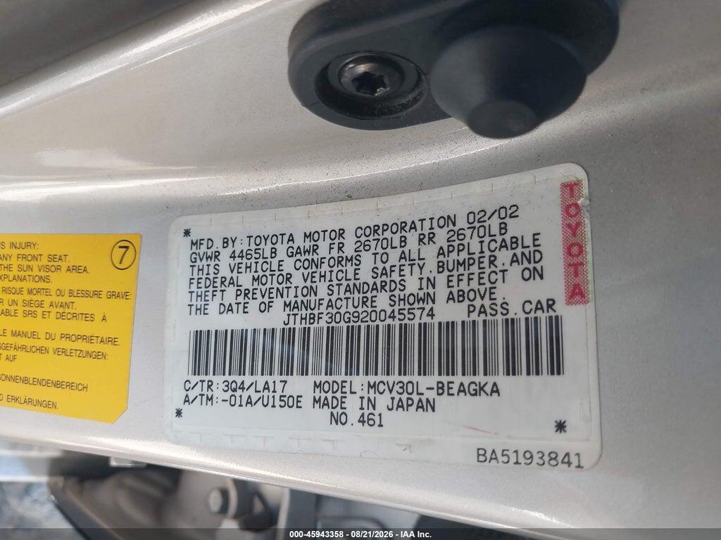 JTHBF30G920045574 2002 LEXUS ES 300 photo no. 9