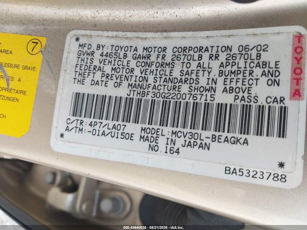 JTHBF30G220076715 2002 LEXUS ES 300 photo no. 9