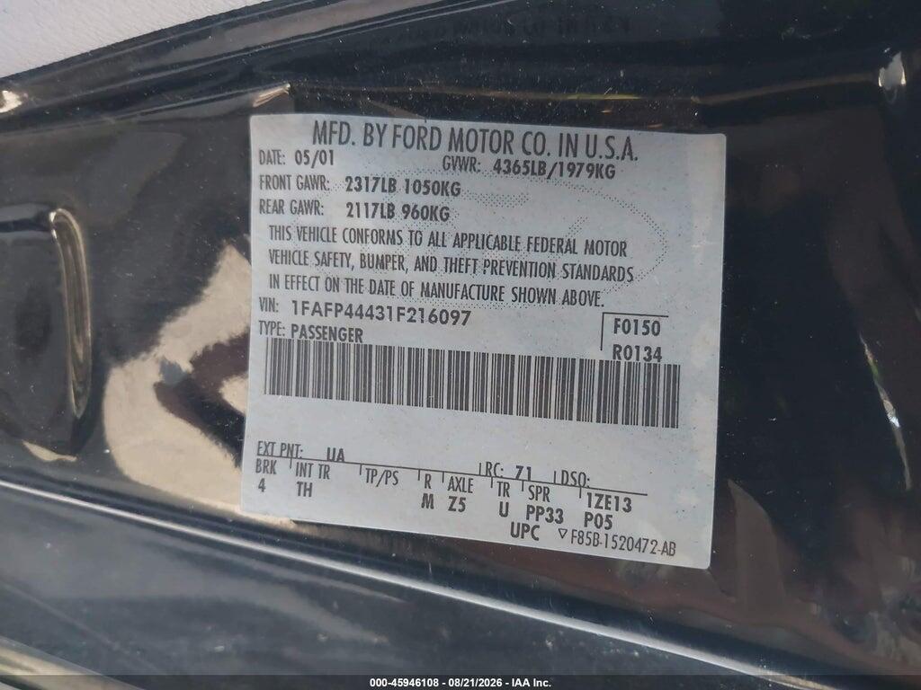 1FAFP44431F216097 2001 FORD MUSTANG photo no. 9