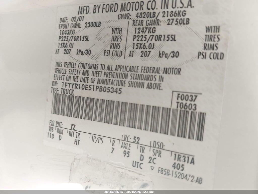 1FTYR10E51PB05345 2001 FORD RANGER photo no. 9