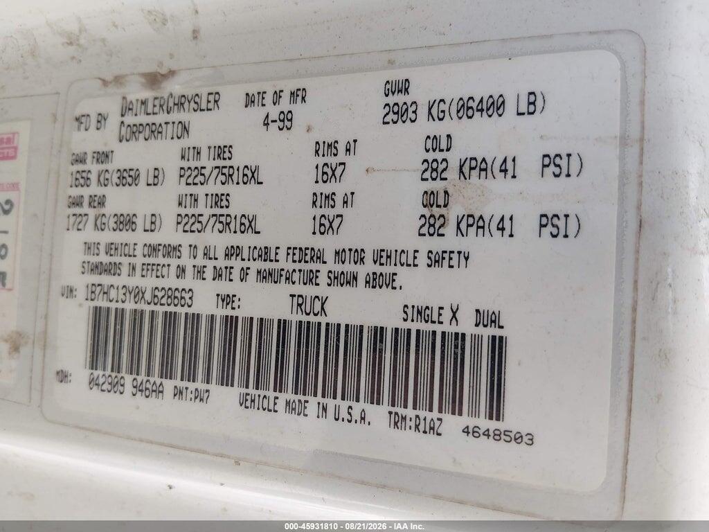 1B7HC13Y0XJ628663 1999 DODGE RAM 1500 photo no. 9