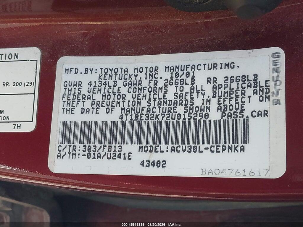 4T1BE32K72U015290 2002 TOYOTA CAMRY photo no. 9