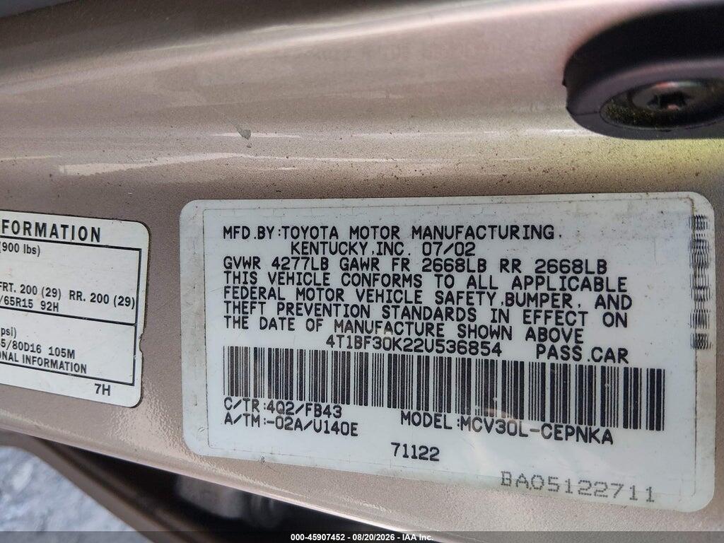 4T1BF30K22U536854 2002 TOYOTA CAMRY photo no. 9