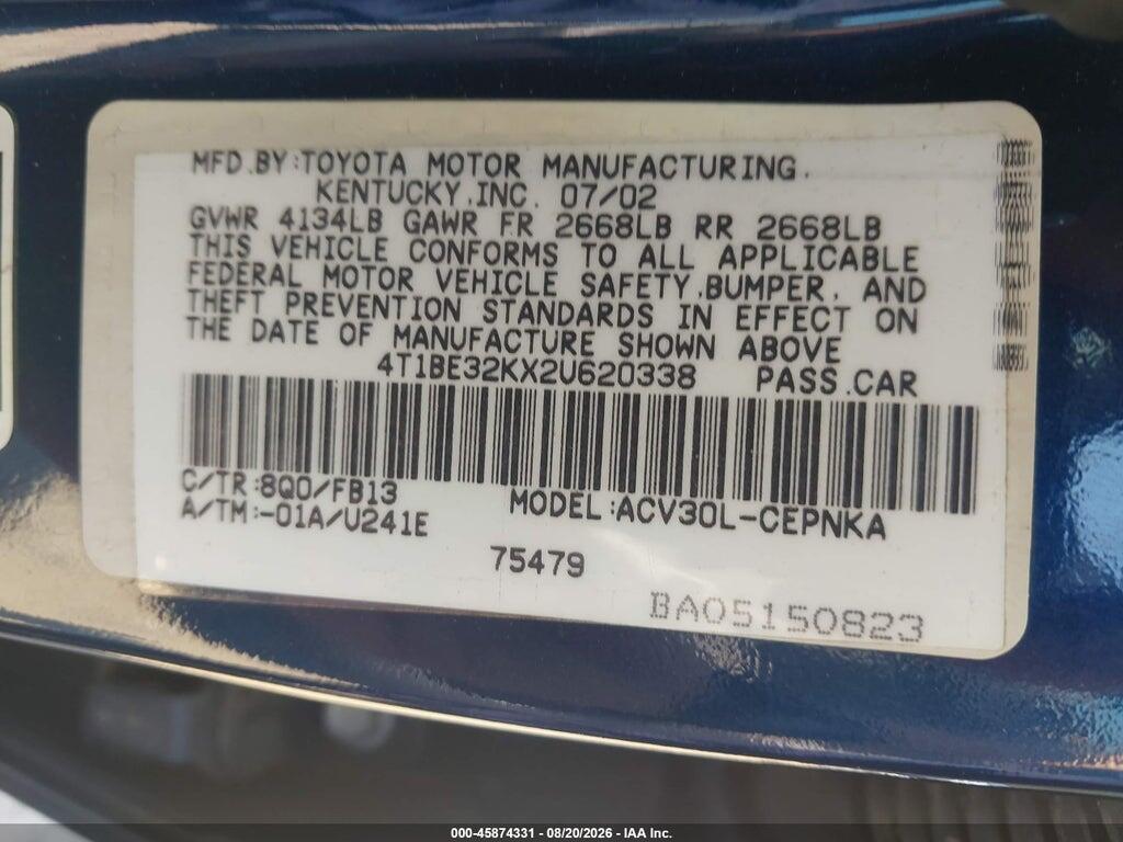4T1BE32KX2U620338 2002 TOYOTA CAMRY photo no. 9