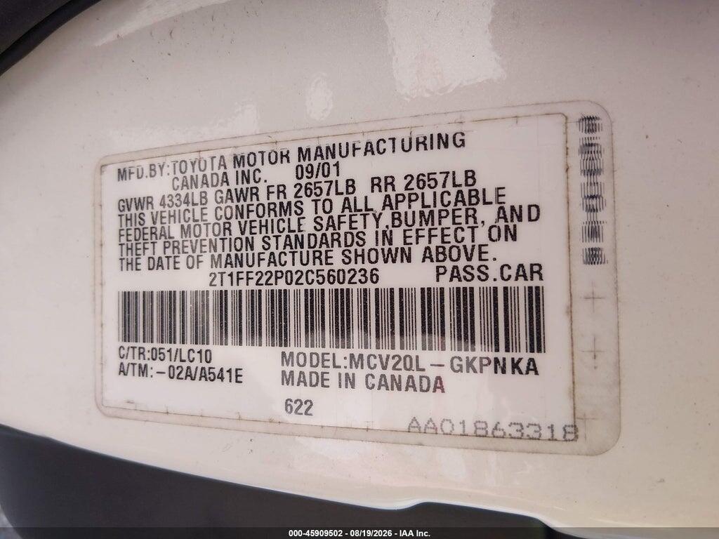 2T1FF22P02C560236 2002 TOYOTA CAMRY SOLARA photo no. 9