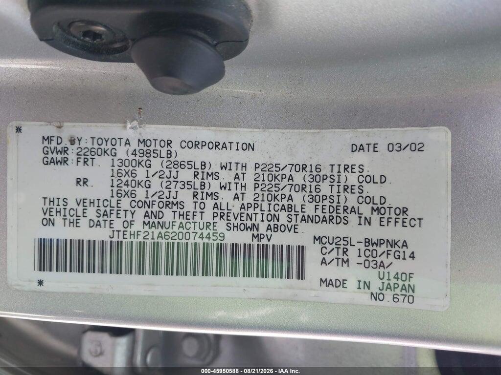 JTEHF21A620074459 2002 TOYOTA HIGHLANDER photo no. 9