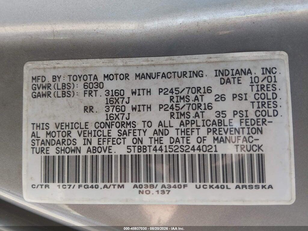 5TBBT44152S244021 2002 TOYOTA TUNDRA photo no. 9