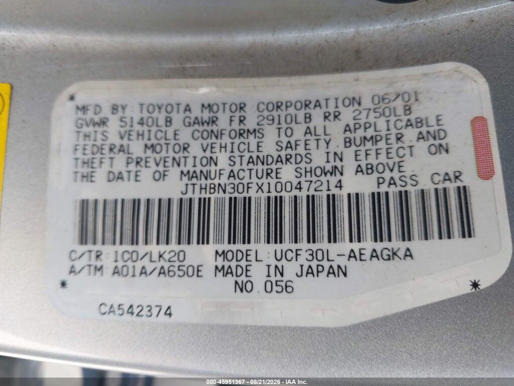 JTHBN30FX10047214 2001 LEXUS LS 430 photo no. 9