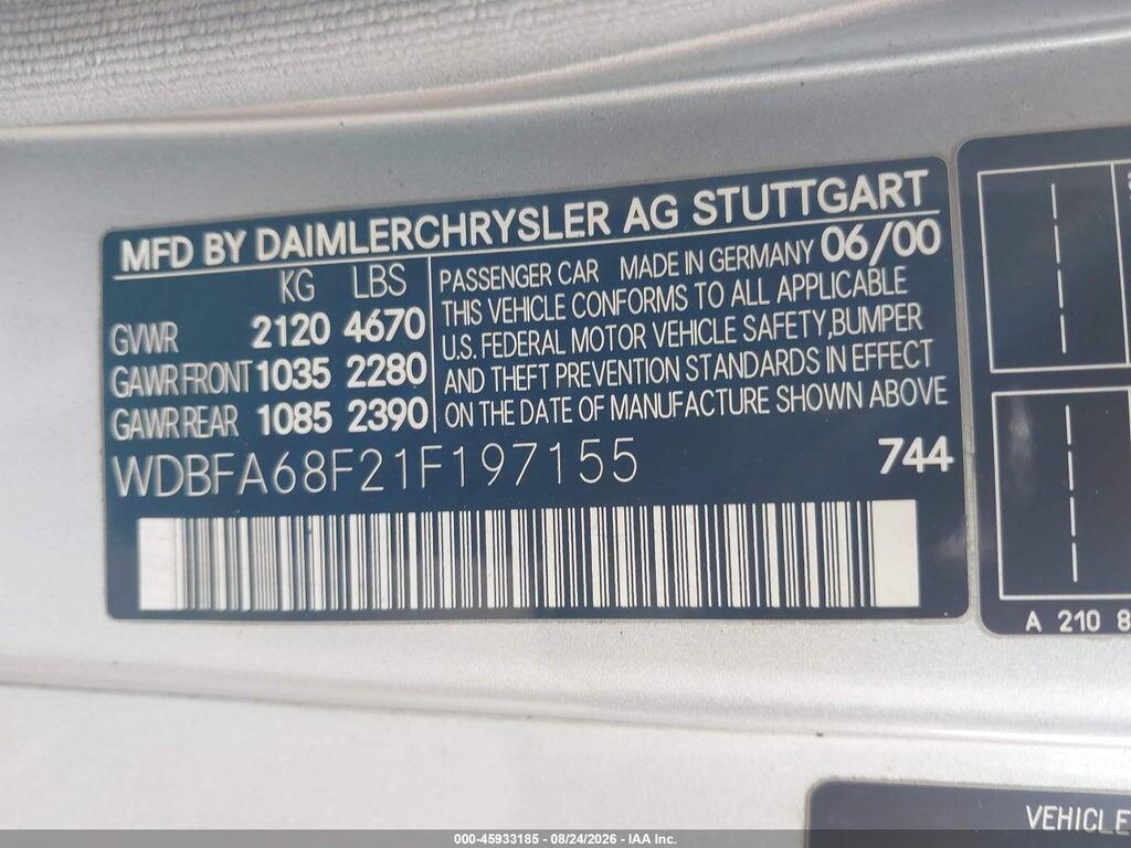 WDBFA68F21F197155 2001 MERCEDES-BENZ SL 500 photo no. 9