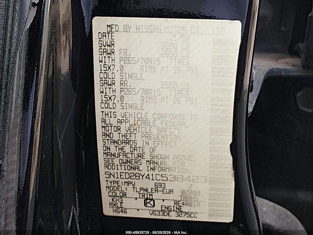 5N1ED28Y41C538423 2001 NISSAN XTERRA photo no. 9
