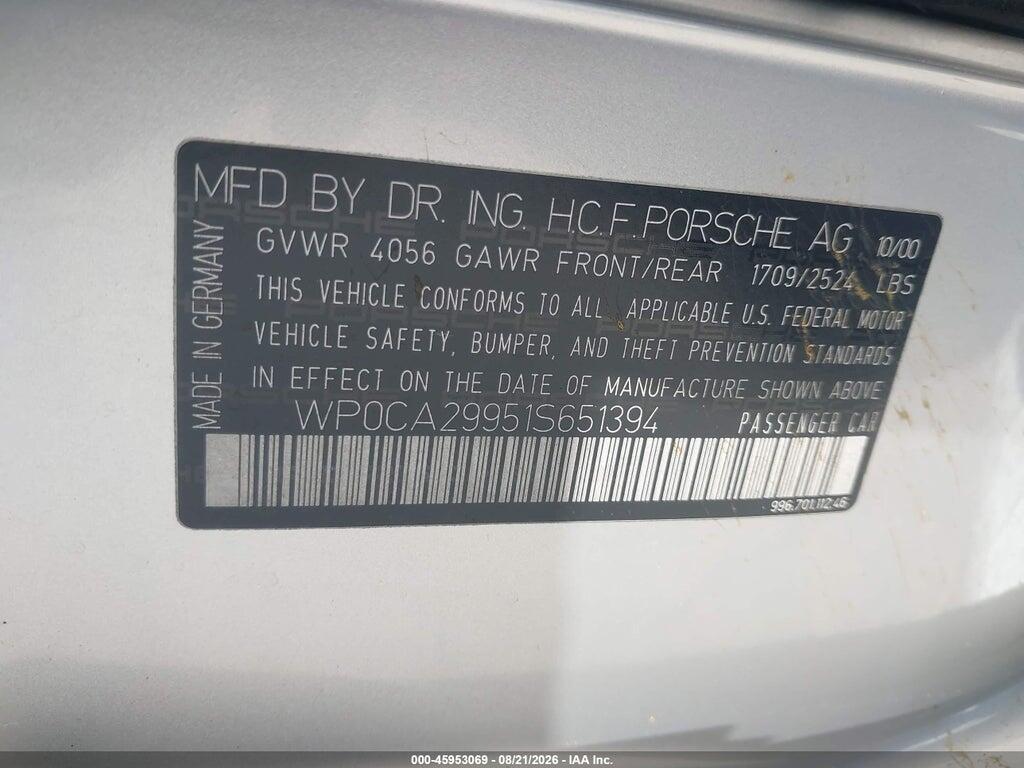 WP0CA29951S651394 2001 PORSCHE 911 photo no. 9