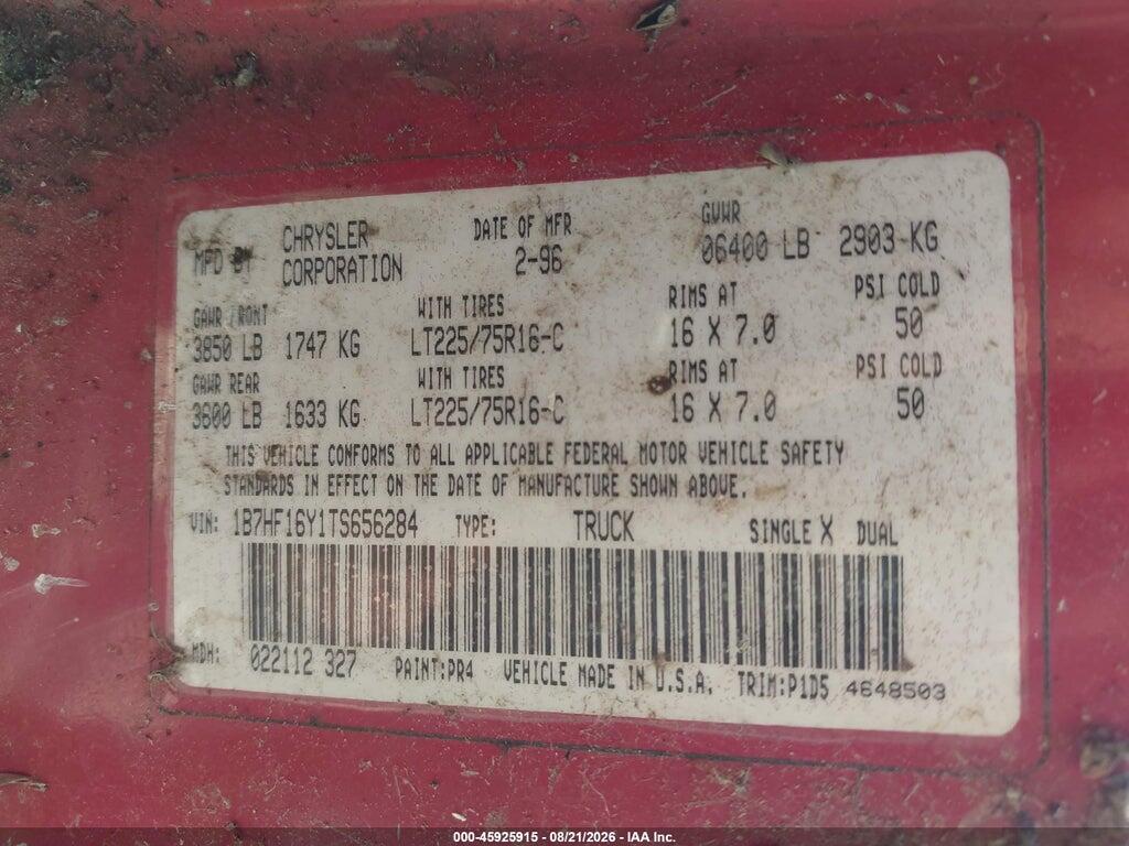 1B7HF16Y1TS656284 1996 DODGE RAM 1500 photo no. 9