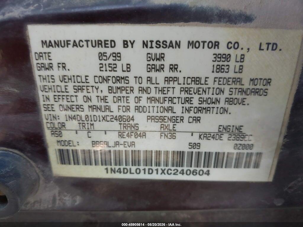 1N4DL01D1XC240604 1999 NISSAN ALTIMA photo no. 9
