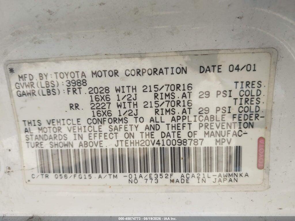JTEHH20V410098787 2001 TOYOTA RAV4 photo no. 9