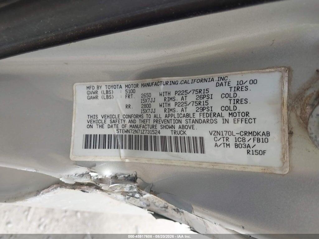 5TEWN72N71Z731524 2001 TOYOTA TACOMA photo no. 9
