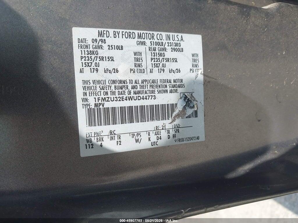 1FMZU32E4WUD44773 1998 FORD EXPLORER photo no. 9