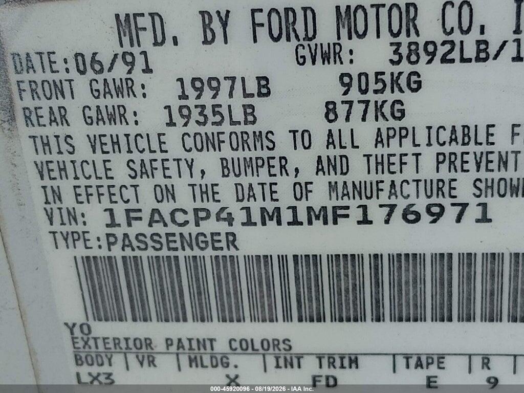 1FACP41M1MF176971 1991 FORD MUSTANG photo no. 9
