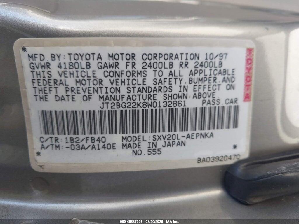 JT2BG22K8W0132861 1998 TOYOTA CAMRY photo no. 9