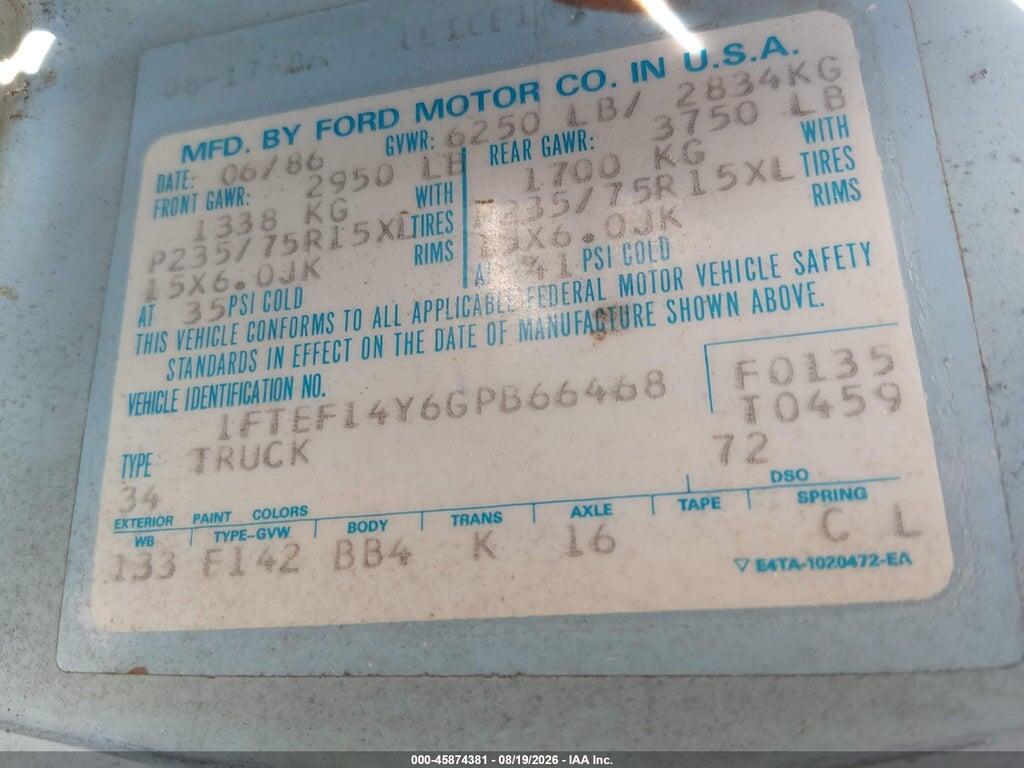 1FTEF14Y6GPB66468 1986 FORD F150 photo no. 9