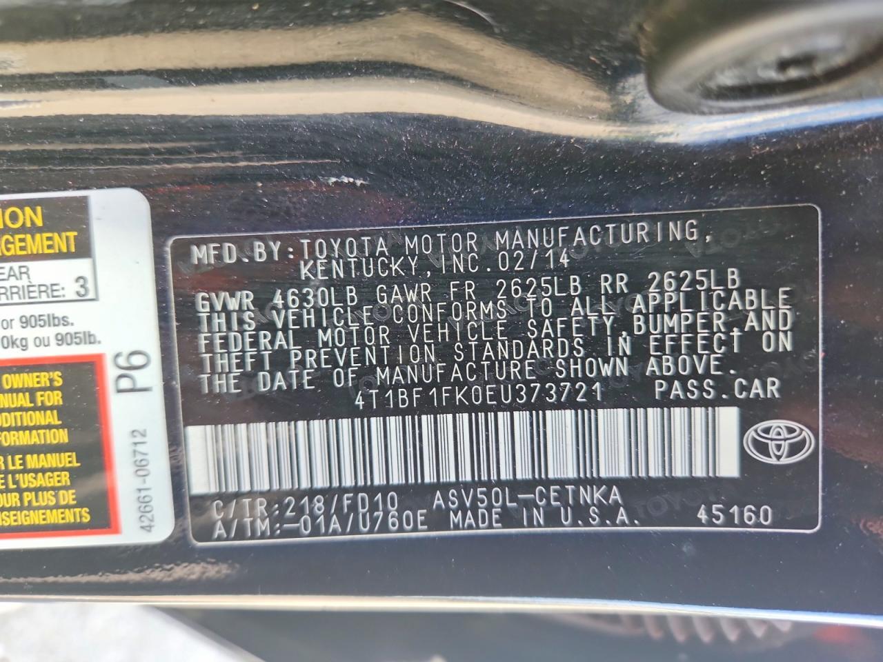 2014 TOYOTA CAMRY LE — Фото 12 из 12