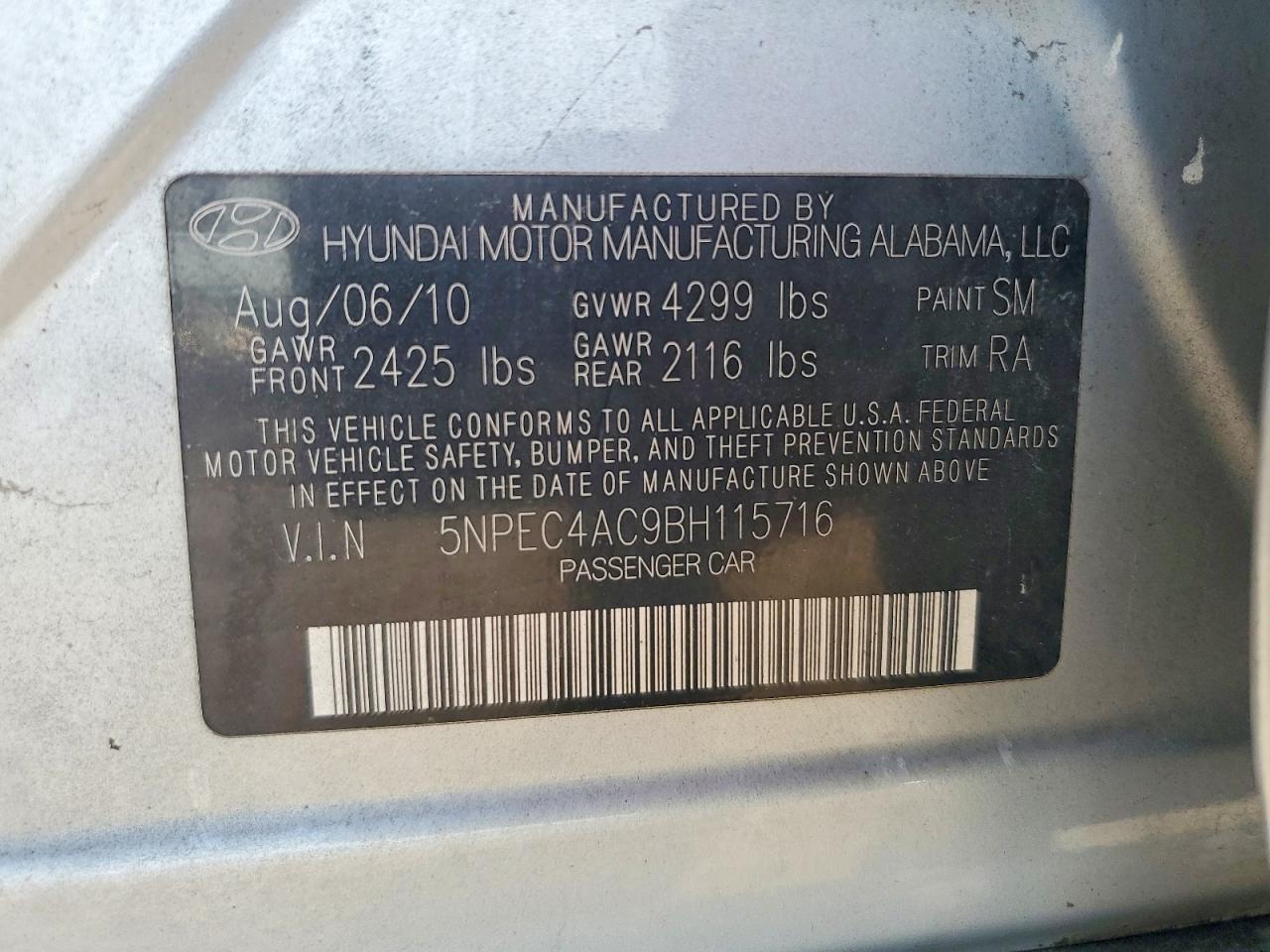 5NPEC4AC9BH115716 2011 HYUNDAI SONATA photo no. 12