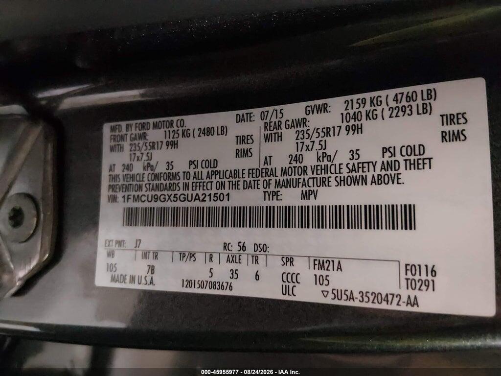1FMCU9GX5GUA21501 2016 FORD ESCAPE photo no. 9
