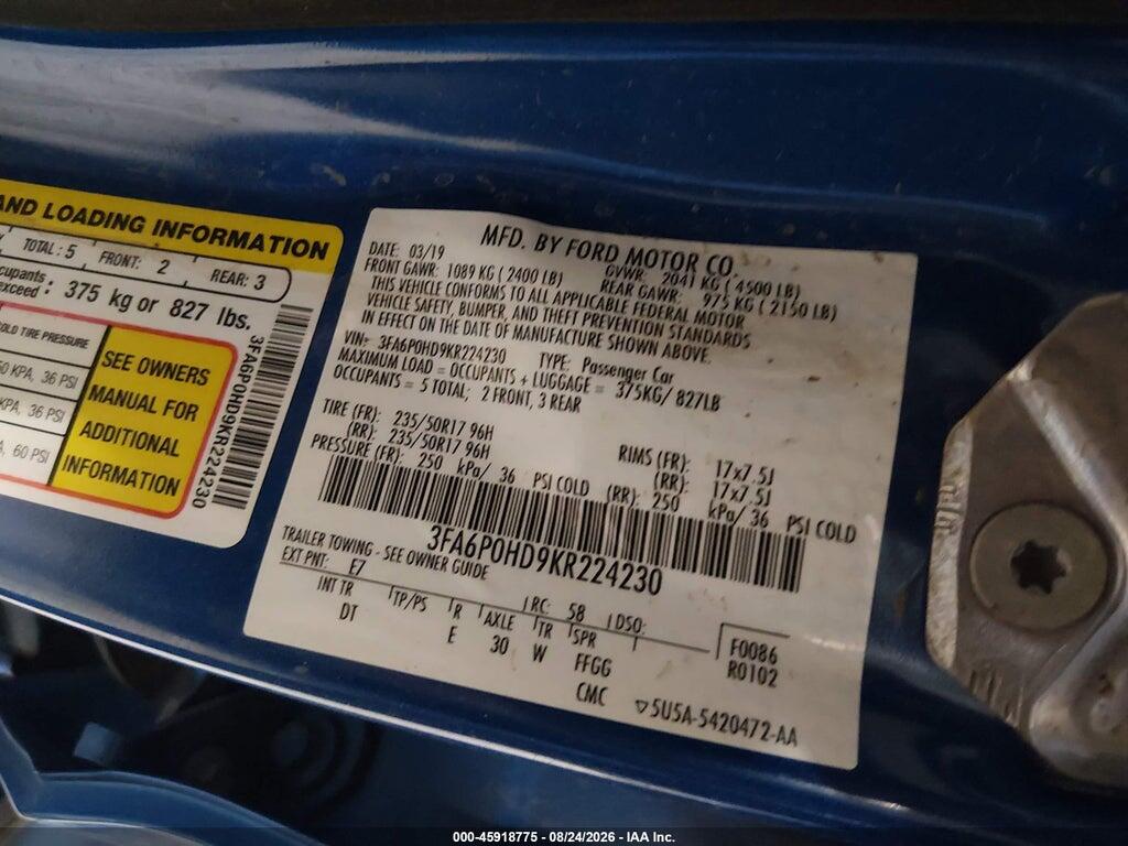 3FA6P0HD9KR224230 2019 FORD FUSION photo no. 9