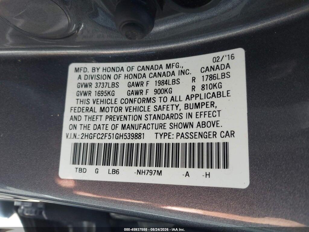 2HGFC2F51GH539881 2016 HONDA CIVIC photo no. 9