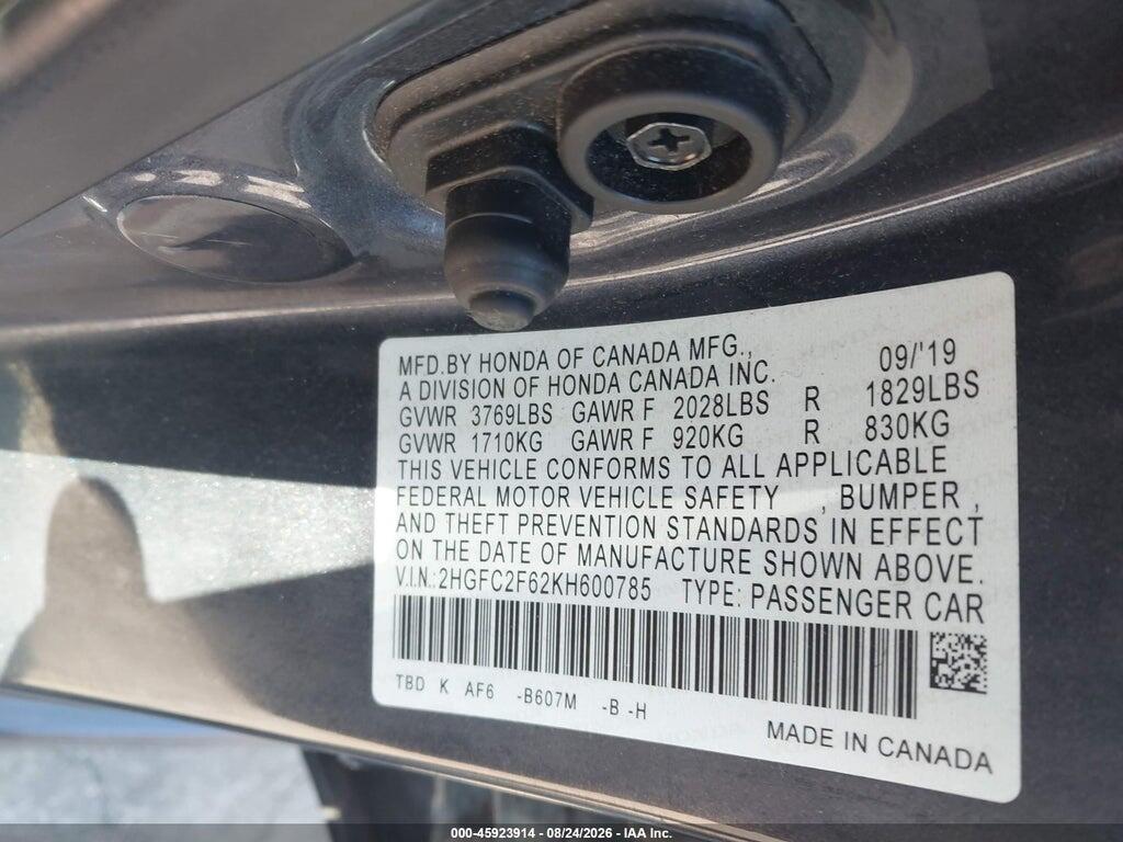 2HGFC2F62KH600785 2019 HONDA CIVIC photo no. 9
