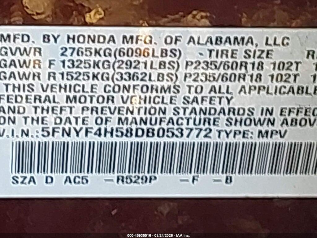 5FNYF4H58DB053772 2013 HONDA PILOT photo no. 9