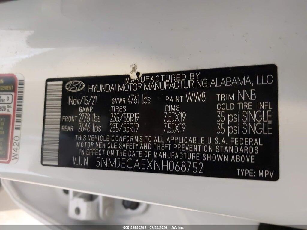 5NMJECAEXNH068752 2022 HYUNDAI TUCSON photo no. 9