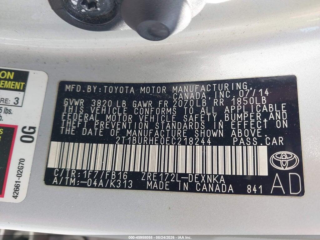 2T1BURHE0EC218244 2014 TOYOTA COROLLA photo no. 9