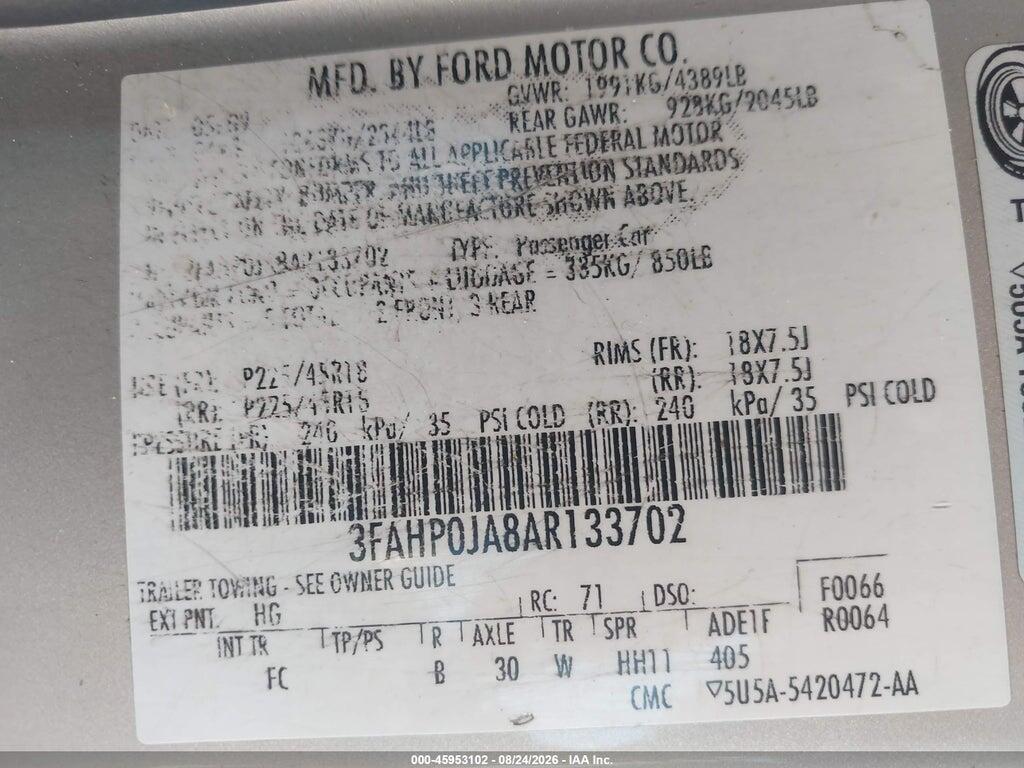 3FAHP0JA8AR133702 2010 FORD FUSION photo no. 9
