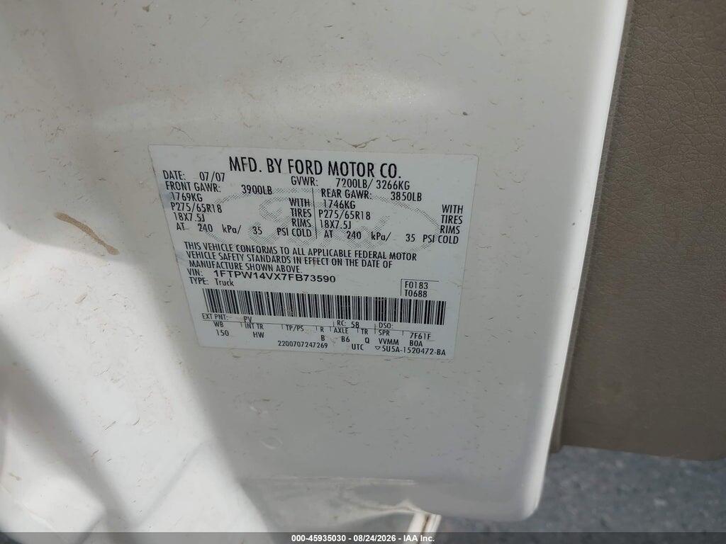 1FTPW14VX7FB73590 2007 FORD F-150 photo no. 9