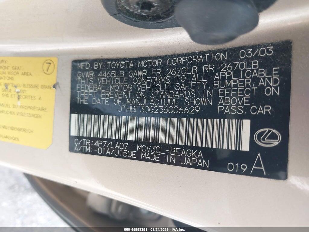JTHBF30G236006629 2003 LEXUS ES 300 photo no. 9