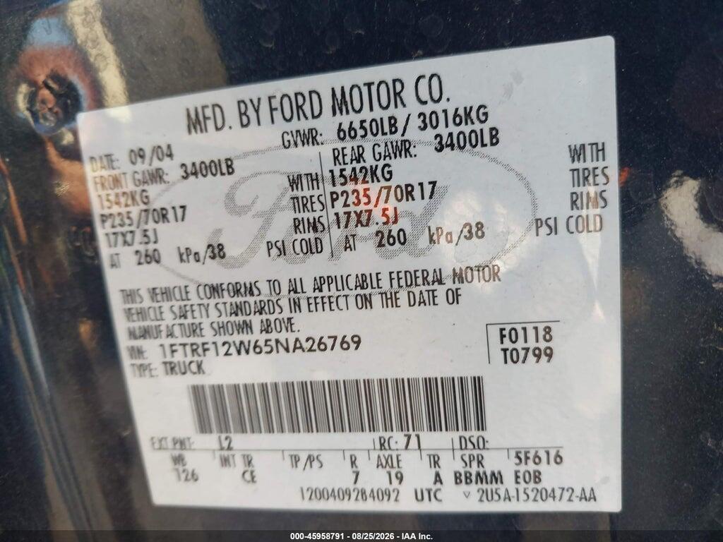 1FTRF12W65NA26769 2005 FORD F-150 photo no. 9