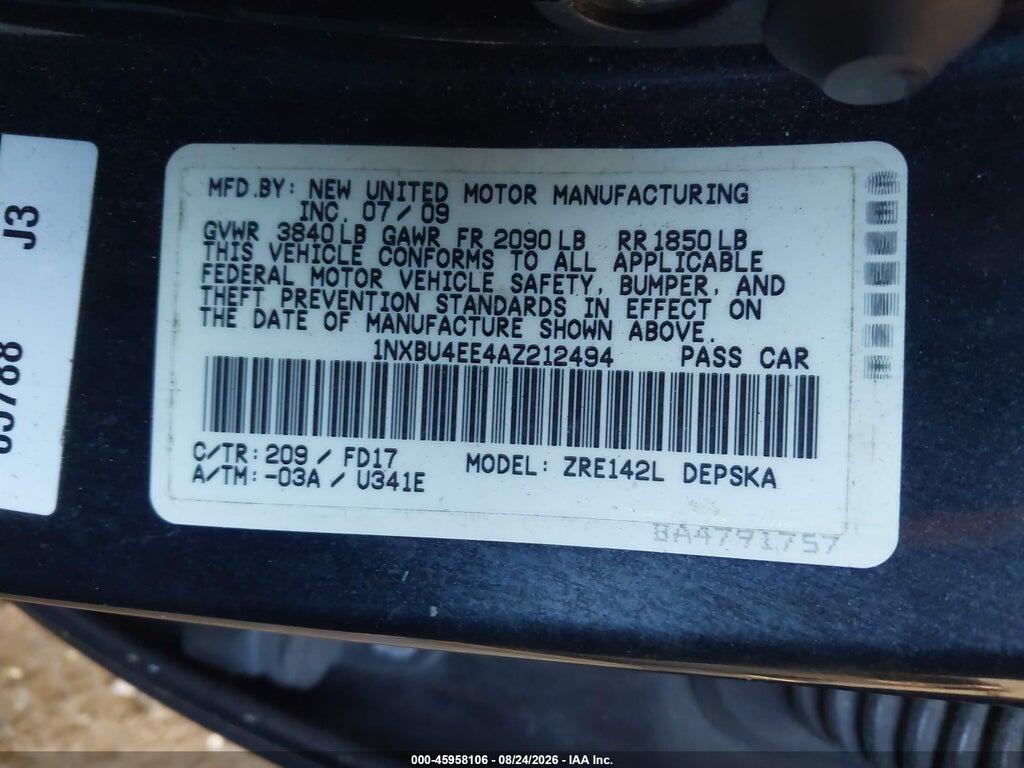 1NXBU4EE4AZ212494 2010 TOYOTA COROLLA photo no. 9
