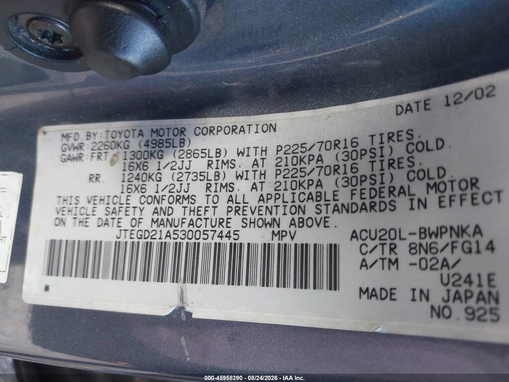 JTEGD21A530057445 2003 TOYOTA HIGHLANDER photo no. 9