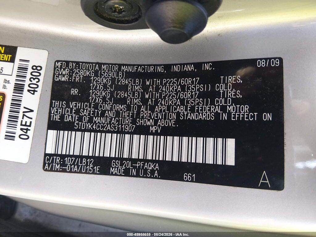 5TDYK4CC2AS311907 2010 TOYOTA SIENNA photo no. 9