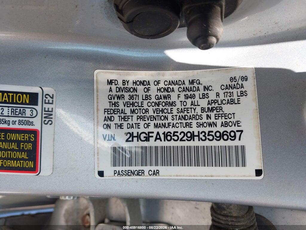 2HGFA16529H359697 2009 HONDA CIVIC photo no. 9