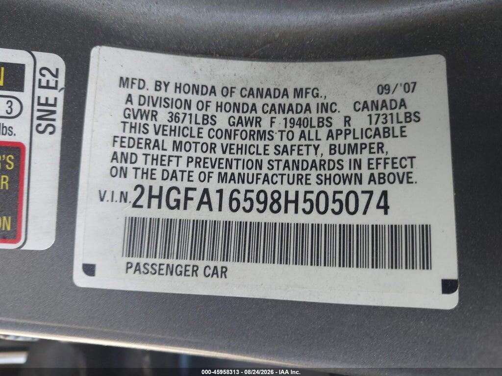 2HGFA16598H505074 2008 HONDA CIVIC photo no. 9