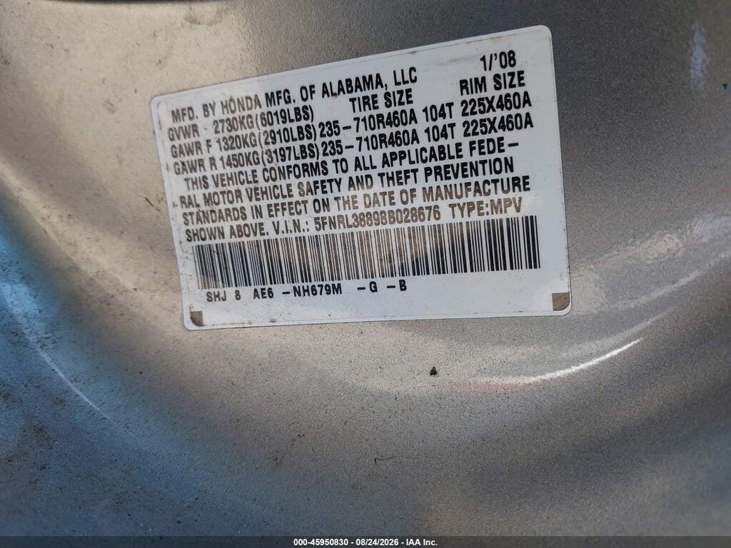 5FNRL38898B028676 2008 HONDA ODYSSEY photo no. 9