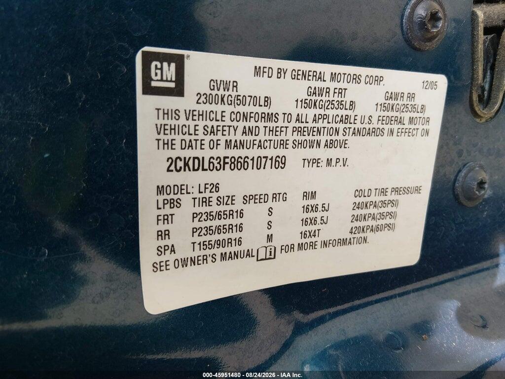 2CKDL63F866107169 2006 PONTIAC TORRENT photo no. 9
