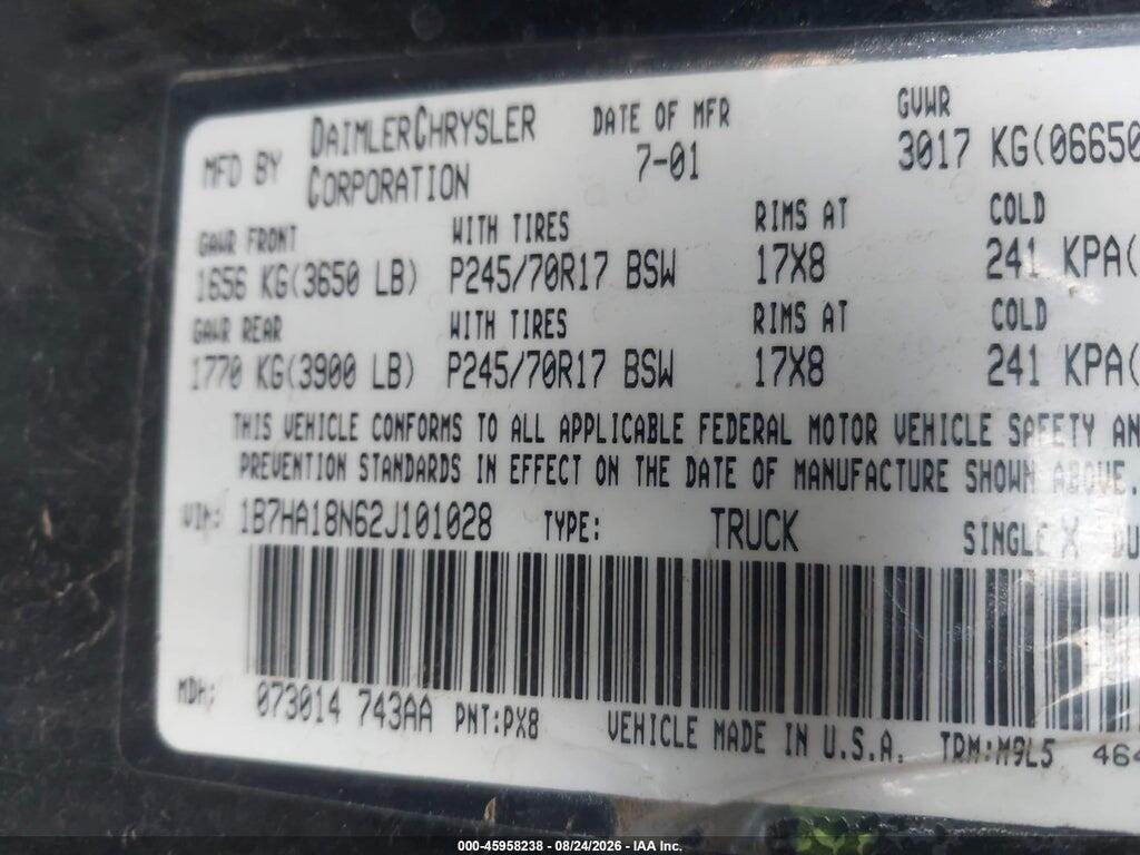 1B7HA18N62J101028 2002 DODGE RAM 1500 photo no. 9