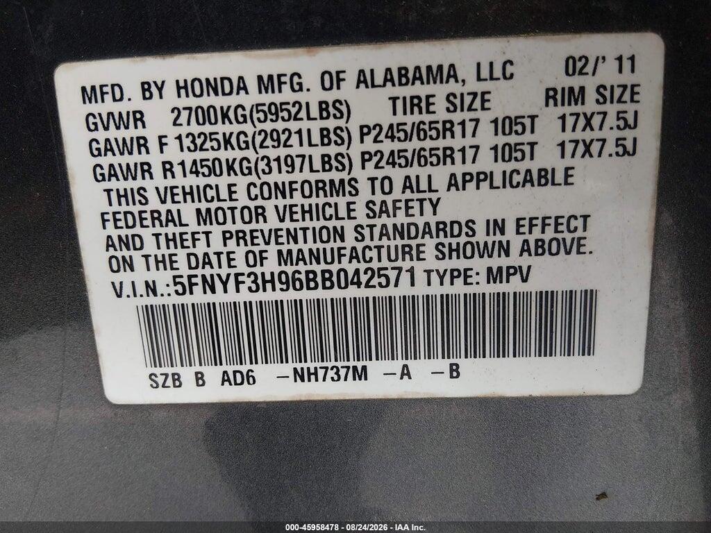 5FNYF3H96BB042571 2011 HONDA PILOT photo no. 9