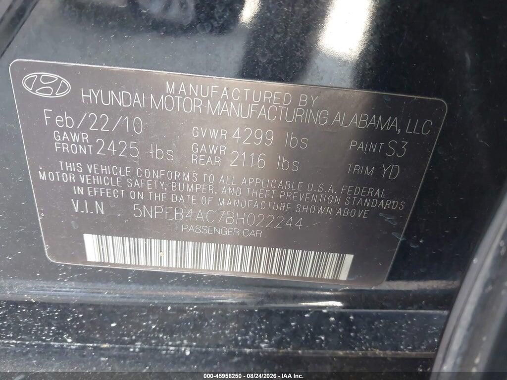 5NPEB4AC7BH022244 2011 HYUNDAI SONATA photo no. 9