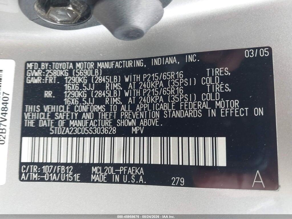 5TDZA23C05S303628 2005 TOYOTA SIENNA photo no. 9
