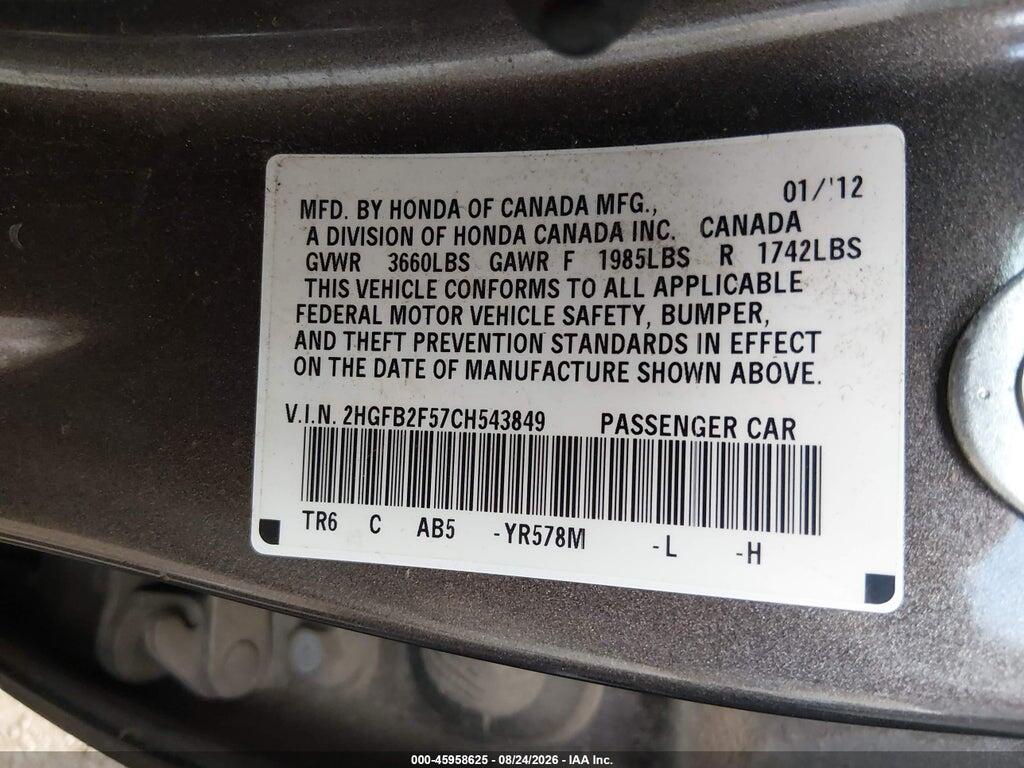 2HGFB2F57CH543849 2012 HONDA CIVIC photo no. 9